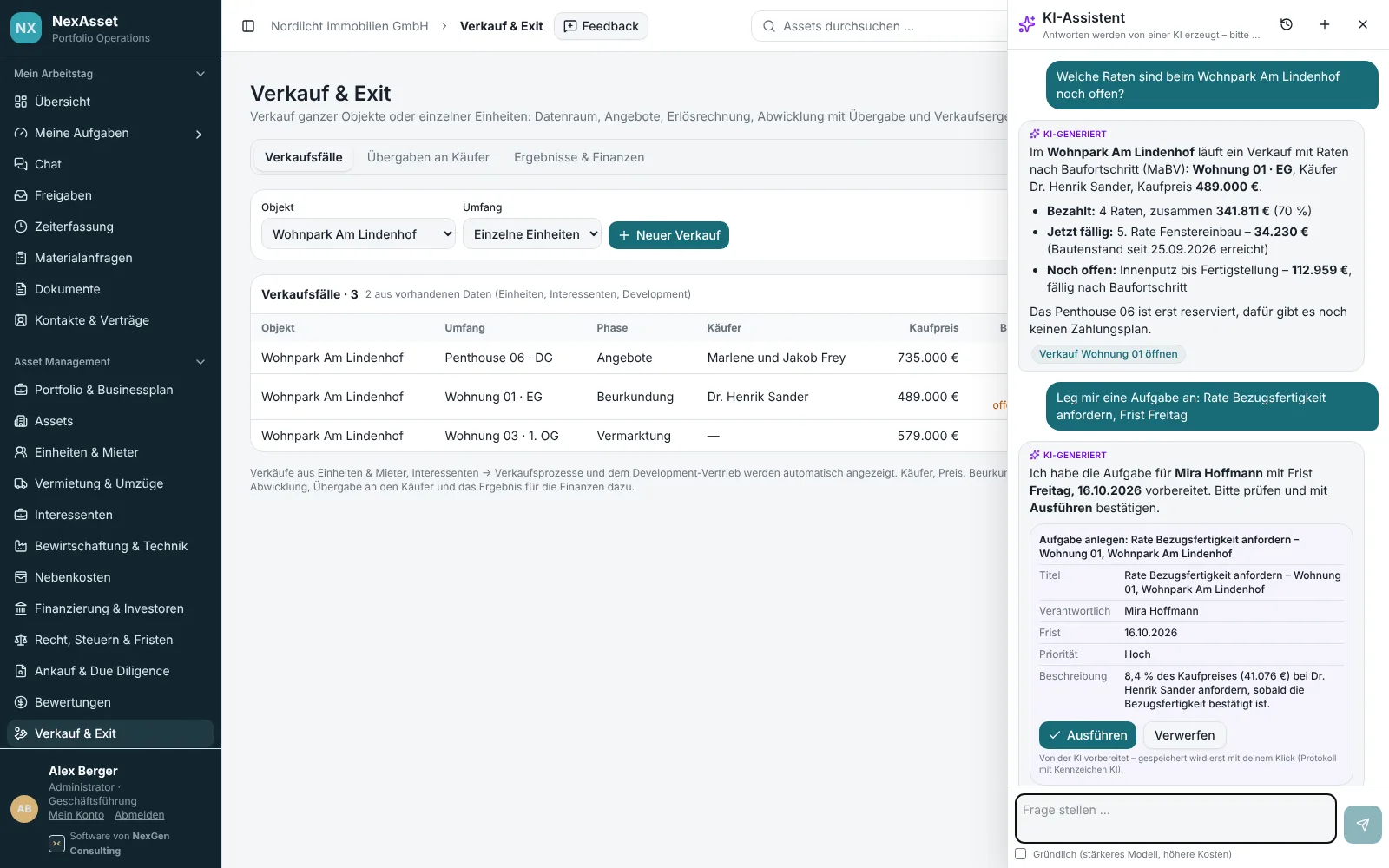 NexAsset KI-Assistent neben Verkauf & Exit: Antwort zu offenen Raten und Vorschlagskarte „Aufgabe anlegen“