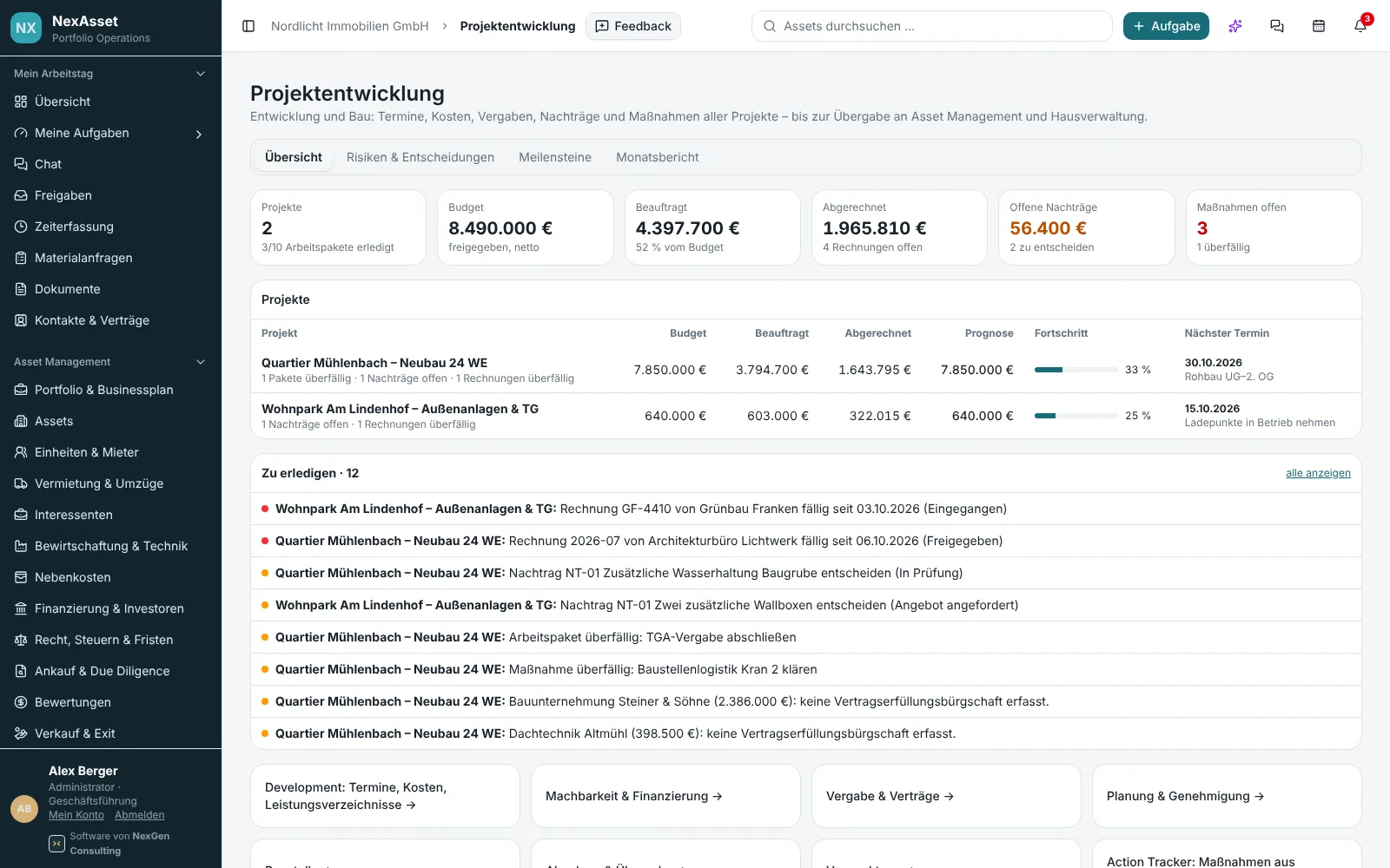 NexAsset Projektentwicklung mit Budget, Beauftragt, Abgerechnet, Prognose und Nachträgen