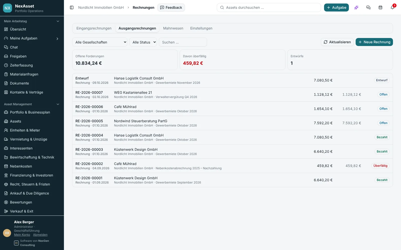 NexAsset Ausgangsrechnungen mit Status bezahlt, offen und überfällig