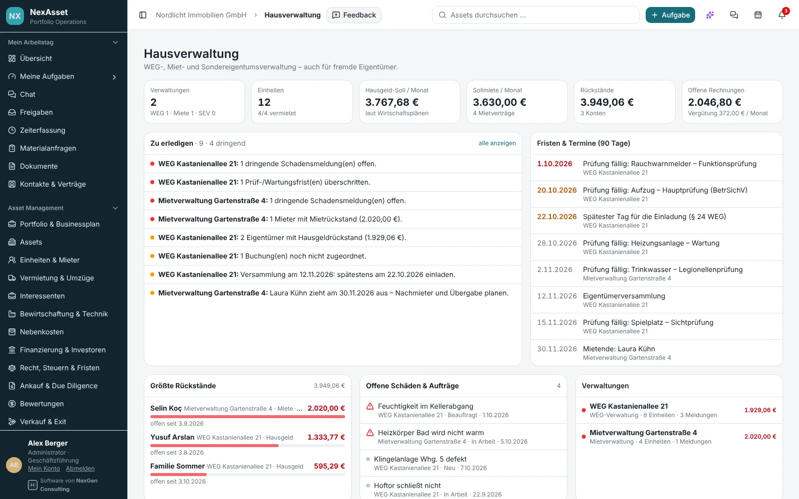 NexAsset Hausverwaltung mit Hausgeld, Sollmiete, Rückständen, Fristen und offenen Schäden