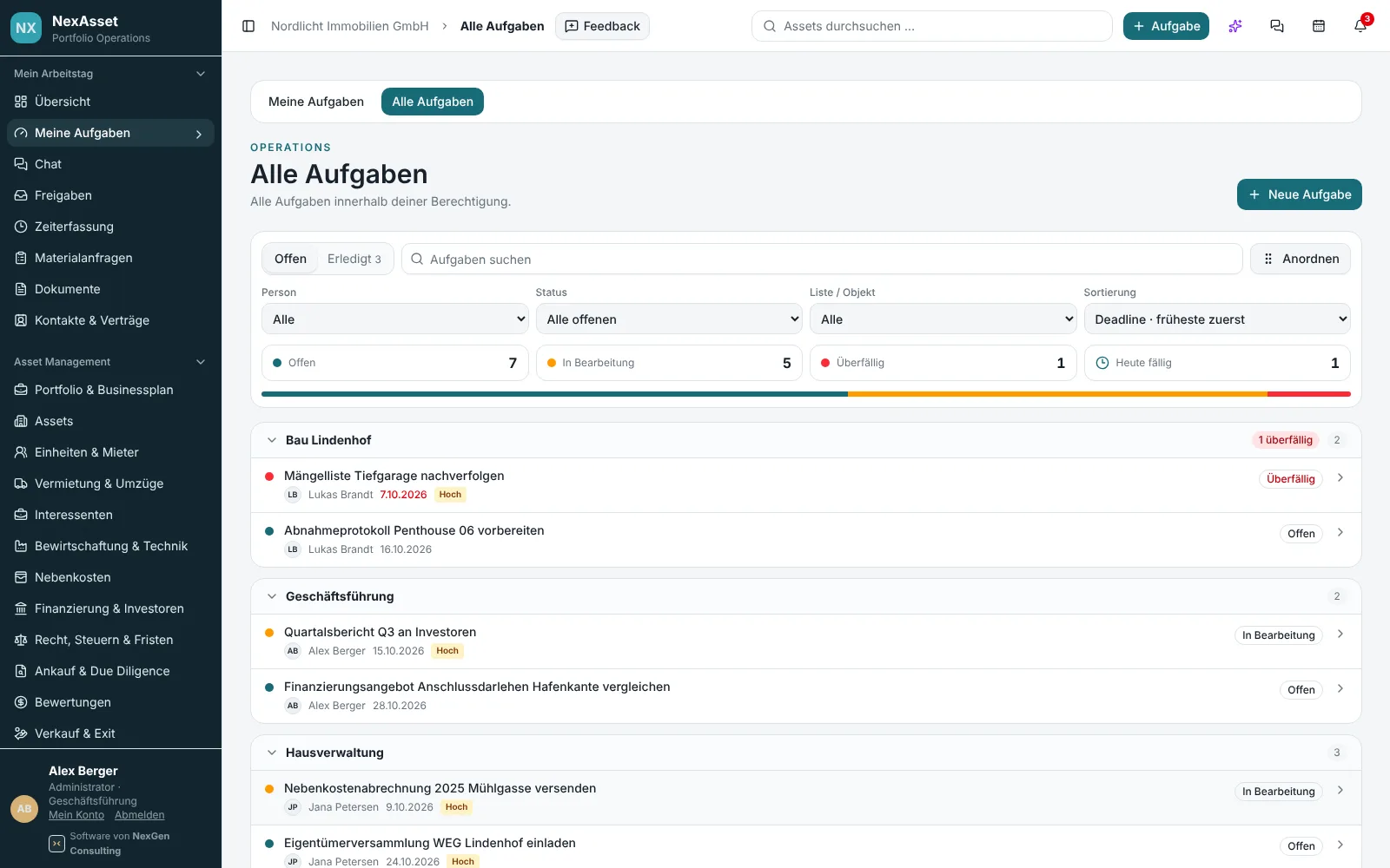 NexAsset Aufgaben nach Listen gruppiert mit Status, Fristen und Priorität