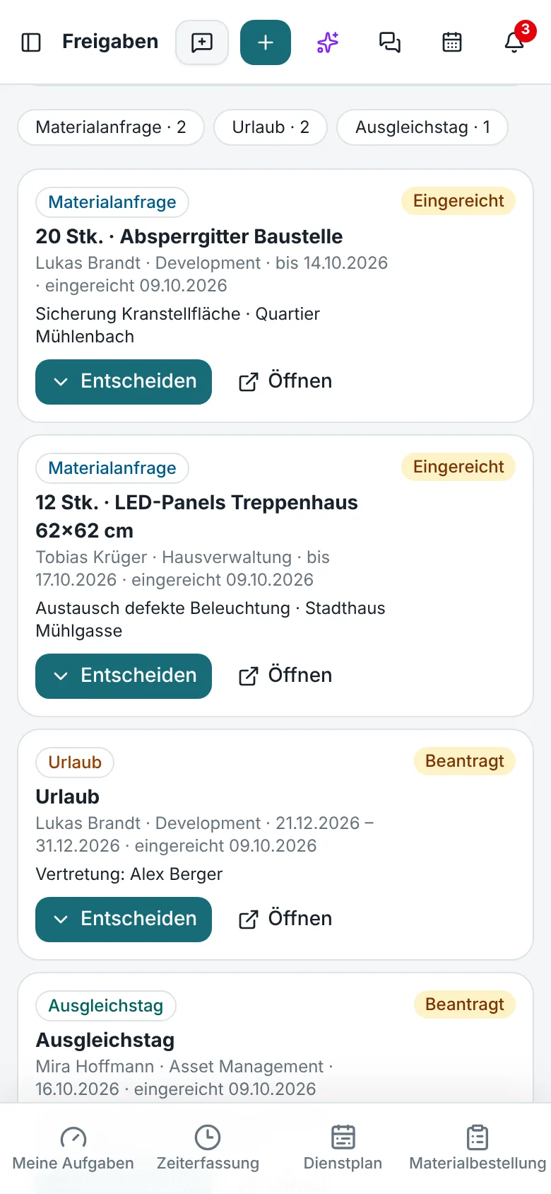 NexAsset App: Freigaben für Materialanfragen und Urlaub