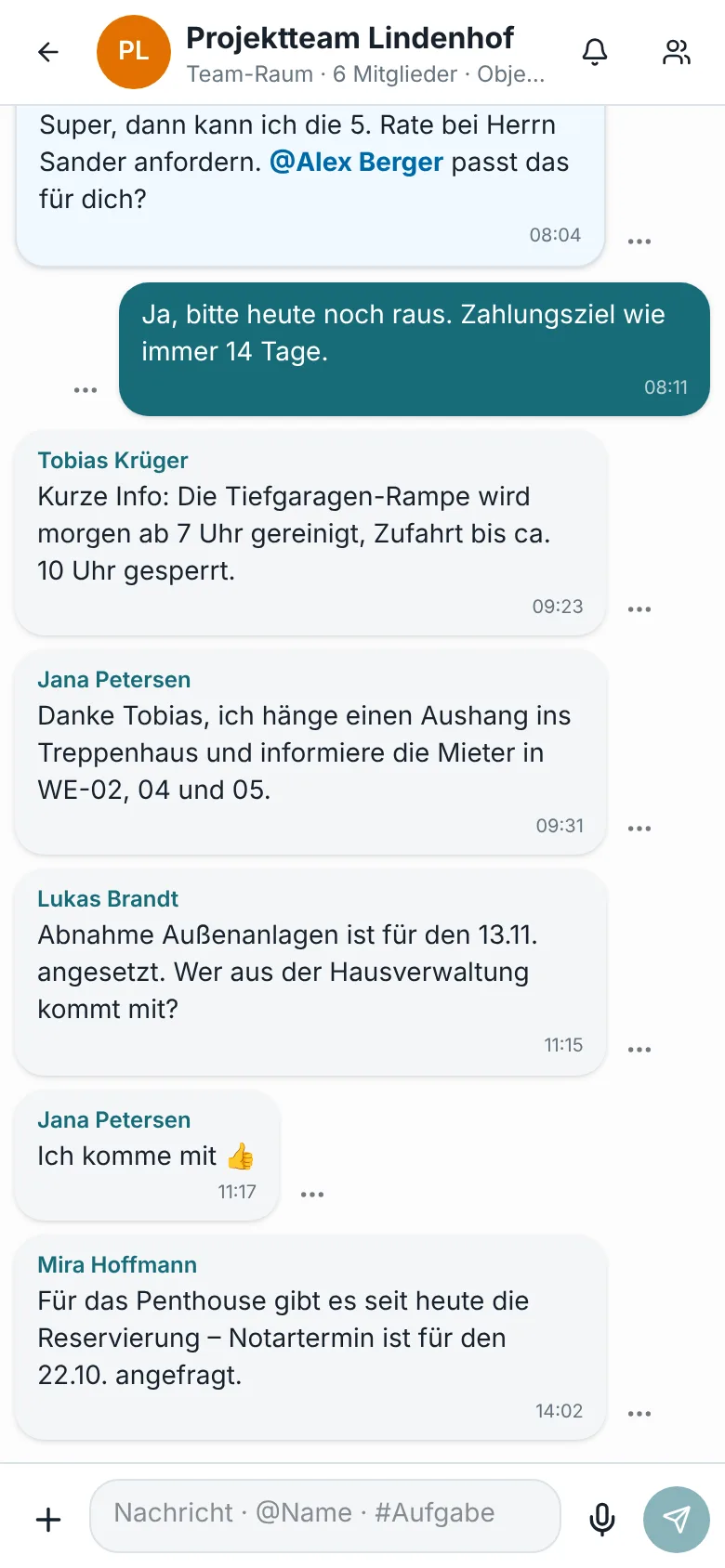 NexAsset App: Team-Chat eines Projektteams