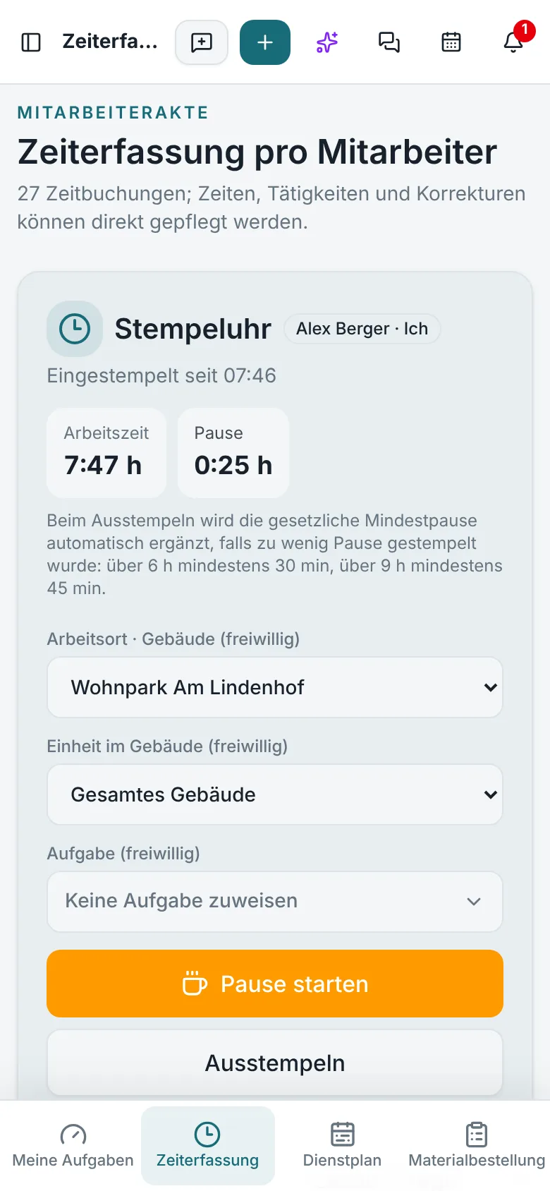 NexAsset App auf dem Handy: Stempeluhr mit laufender Arbeitszeit